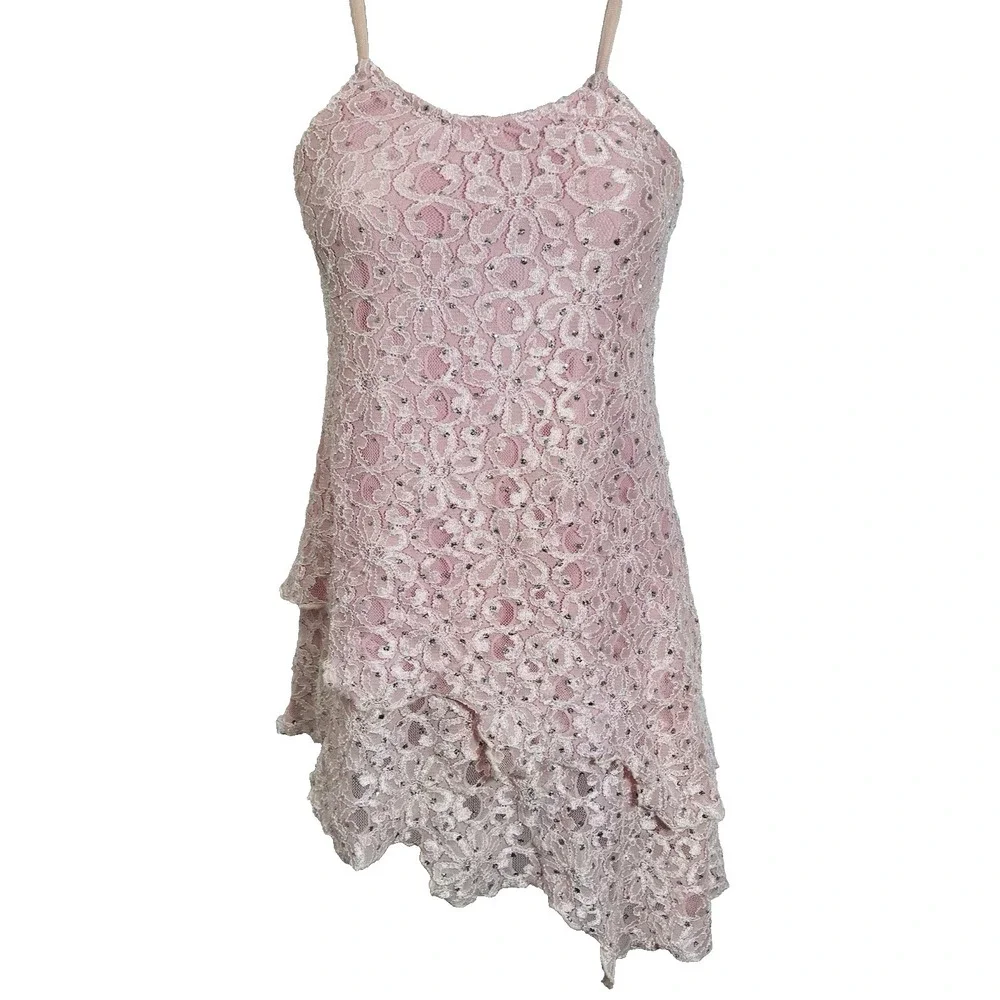 Vintage Pink Lace Dance Dress Silver Glitter Overlay Stretch Girls S Y2K Costume